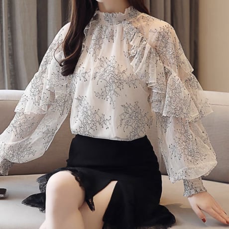Flower lace sheer tops 3色