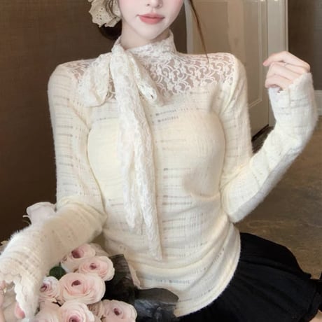 lace デコルテリボン トップス