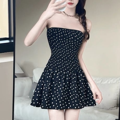 Dot Shirring Tube Dress