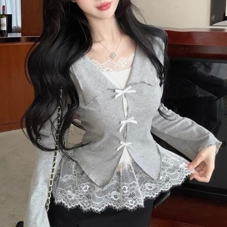 Ribbon Lace Layered Knit Top 5色