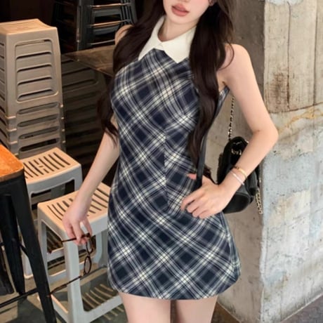 結城里華様♡なみめろ様ご着用♡ブルーチェック襟付きワンピ