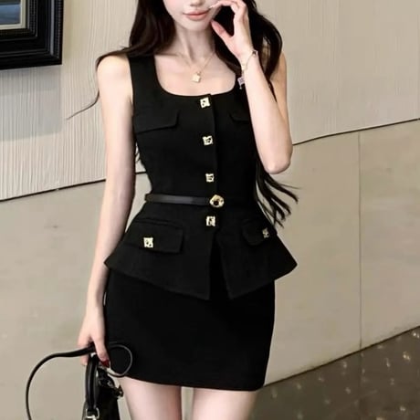 Square Gold Button Peplum Mini Set