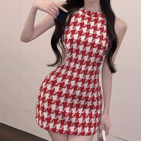 千鳥柄RED ウエストチラ見えワンピ