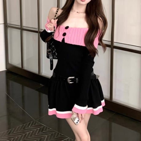 pink×black バイカラーニットワンピベルト付き