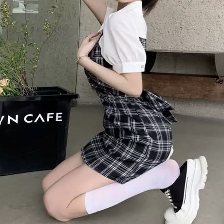 Backリボン チェック柄ドッキングワンピ