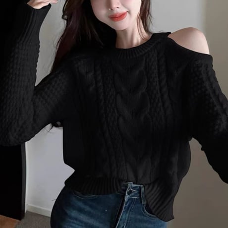 shoulder open knit tops 3色