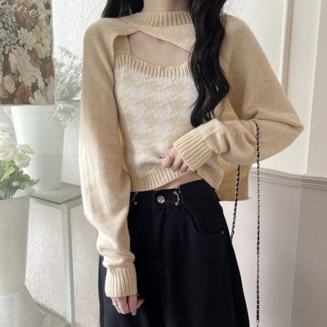 ちゃむこ様ご着用♡千鳥柄ニットキャミ＋スリーブセット4色