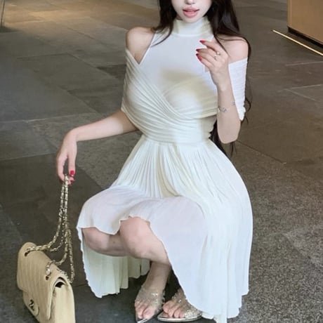 Mesh Shoulder Pleated Dress 2色