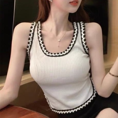 Ribbed Trim Tank Top 2色