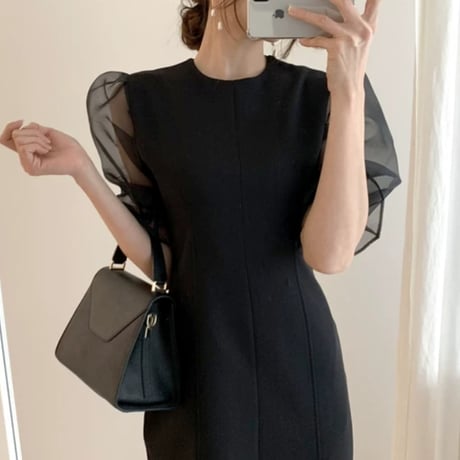black パフスリ シースルー ワンピ