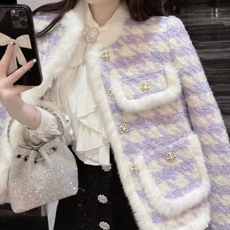 パープル千鳥柄ファーコート