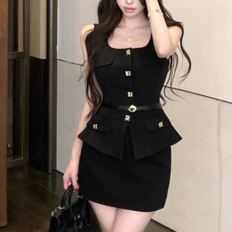 Square Gold Button Peplum Mini Set