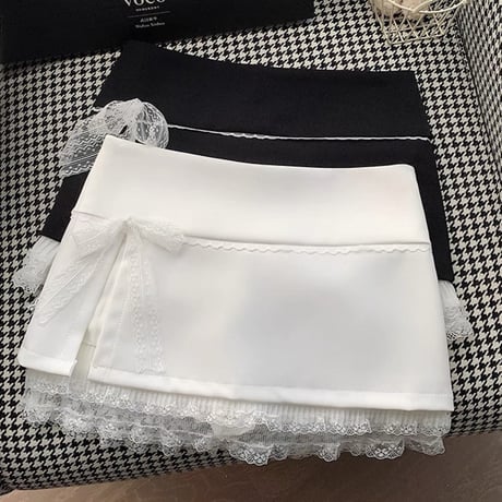 Lace ribbon mini skirt 2色