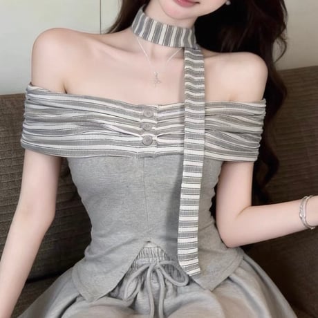Stripe Tie Off-Shoulder Top 2色