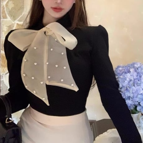 パール付きシフォンリボントップス