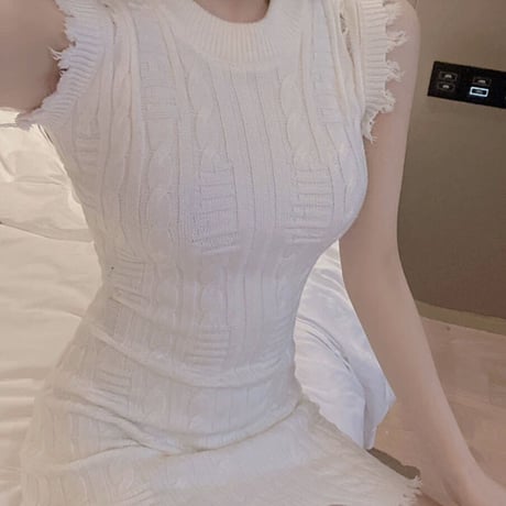 fringe white ノースリワンピ
