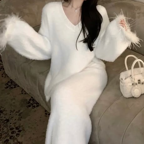 feather sleeve ホワイトセットアップ