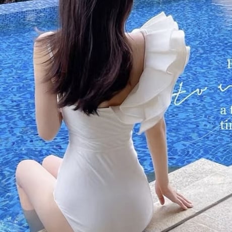 one shoulder frill swim wear