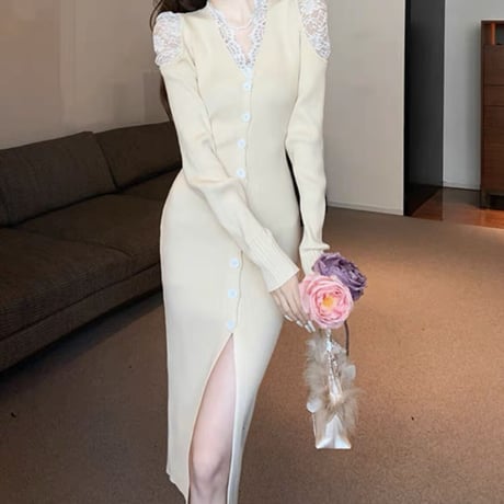 shoulder lace long op 3色