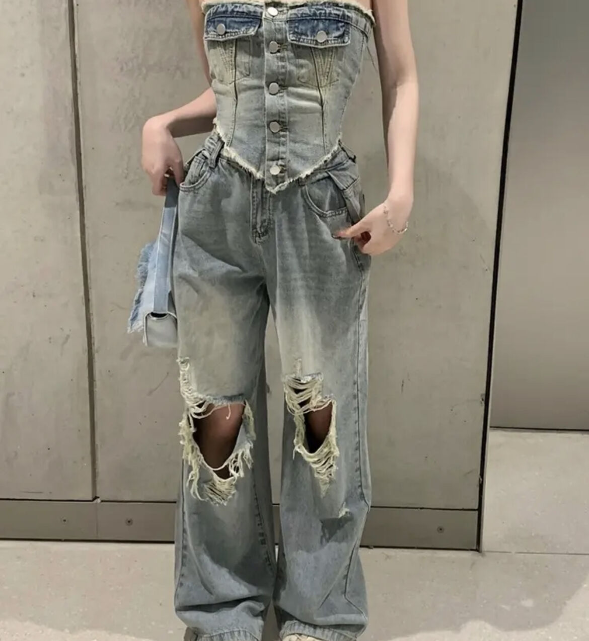 Grancyダメージデニム　セットアップ デニムダメージデザインセットアップ | ecrea