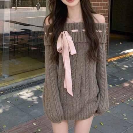 Ribbon Detail Off-Shoulder Cable Knit