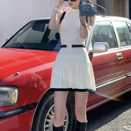 ベルト付きバイカラーハイネックワンピ