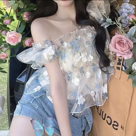 あやち様ご着用♡Blue×White flower tops