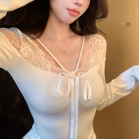 lace sexy長袖トップス 3色