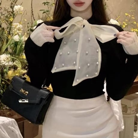 パール付きシフォンリボントップス