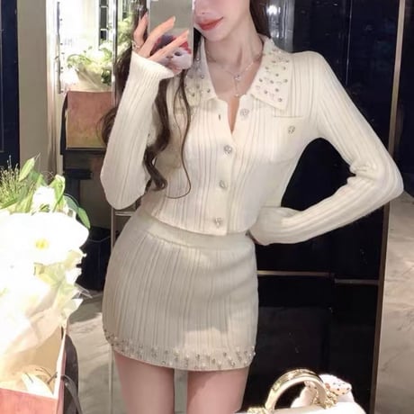 Pearl Collar Knit Set up