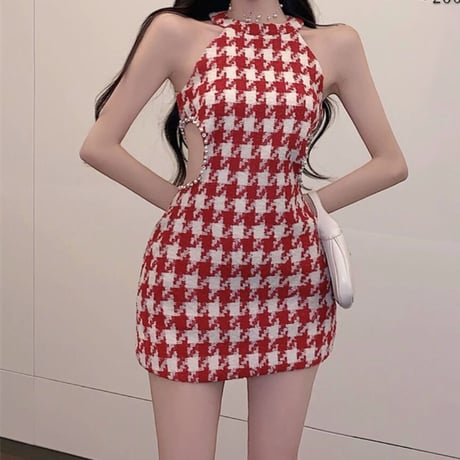 千鳥柄RED ウエストチラ見えワンピ