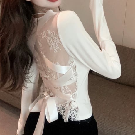back lace ribbon tops 2色