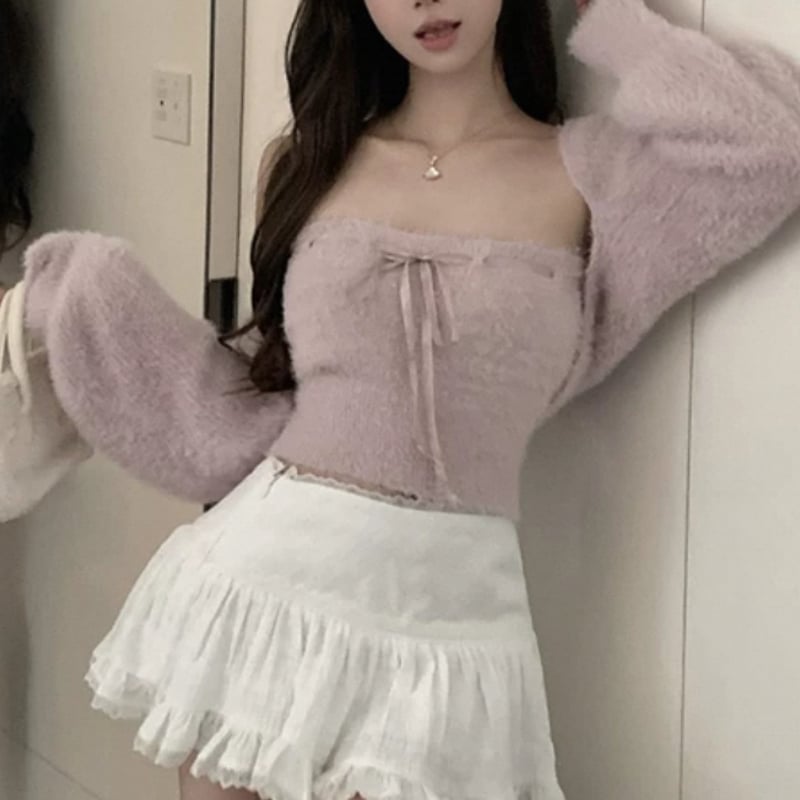 ショートカーデ＋リボンベアトップス 2色 | ecrea