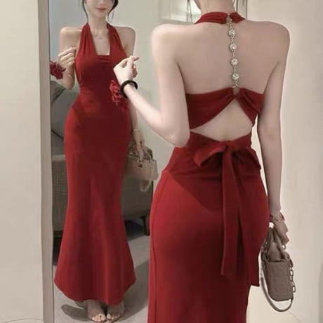 Back Jewel Halter Dress 3色