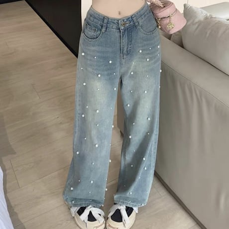パール付きストレートデニム