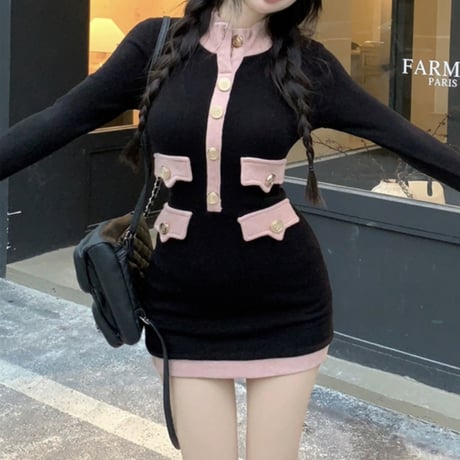 pink×black バイカラータイトミニワンピ