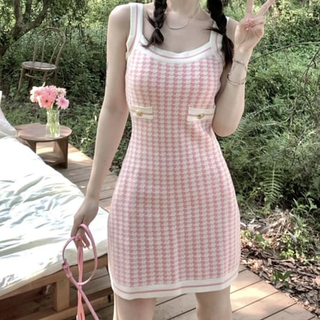 pink 千鳥柄キャミワンピ