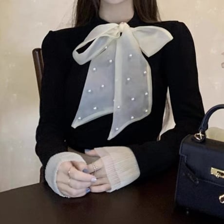 パール付きシフォンリボントップス