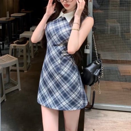 結城里華様♡なみめろ様ご着用♡ブルーチェック襟付きワンピ