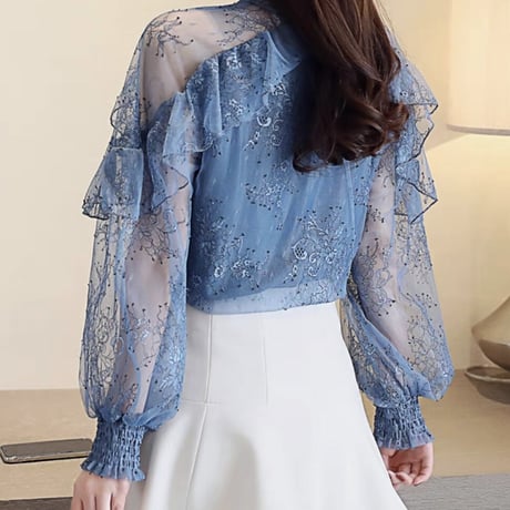 Flower lace sheer tops 3色