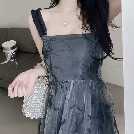 Black sheer flower long op
