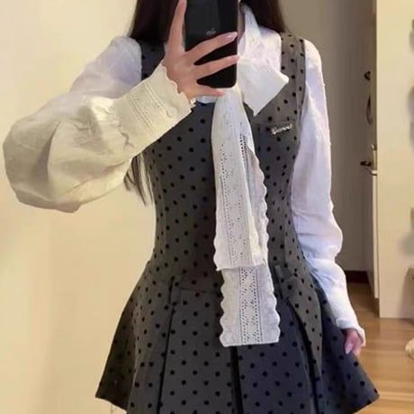 リボンブラウス＋ドットワンピセット