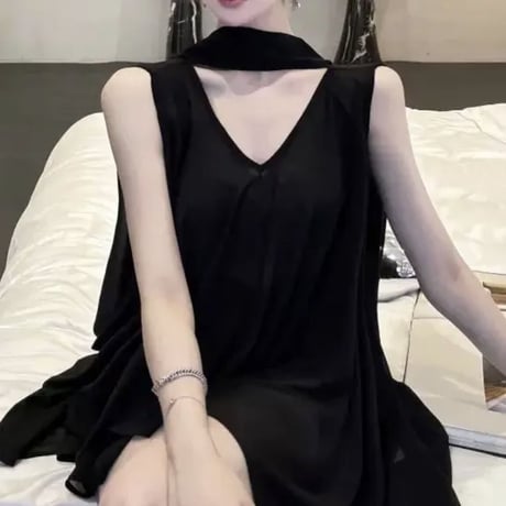 Blackシースルーボウタイトップス