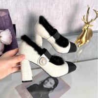 fur tweed perl shoes 2色