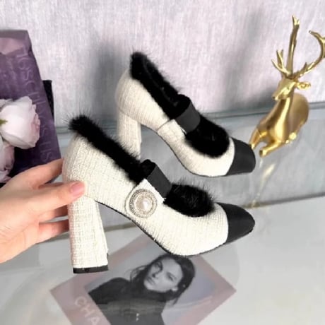 fur tweed perl shoes 2色