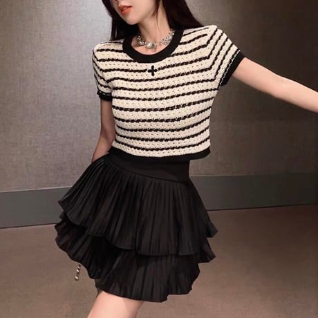 Stripe Knit Frill Set