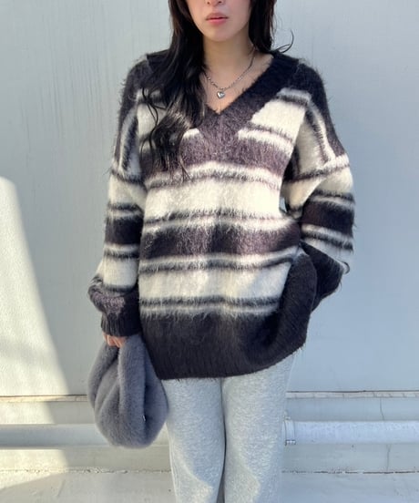 【¥8,800→¥7,600】Wide Knit Border'V-neck'#26639