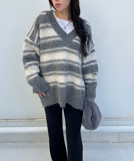 【¥8,800→¥7,600】Wide Knit Border'V-neck'#26639