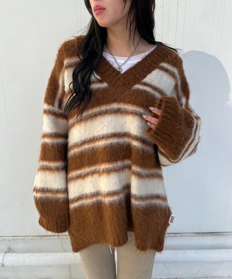 【¥8,800→¥7,600】Wide Knit Border'V-neck'#26639