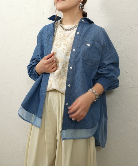 Organdy pleats　denim shirt【ラスト1点】